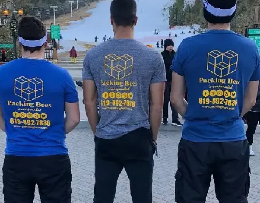 Moving specialists packing wardrobe clothing neatly into dedicated moving containers.