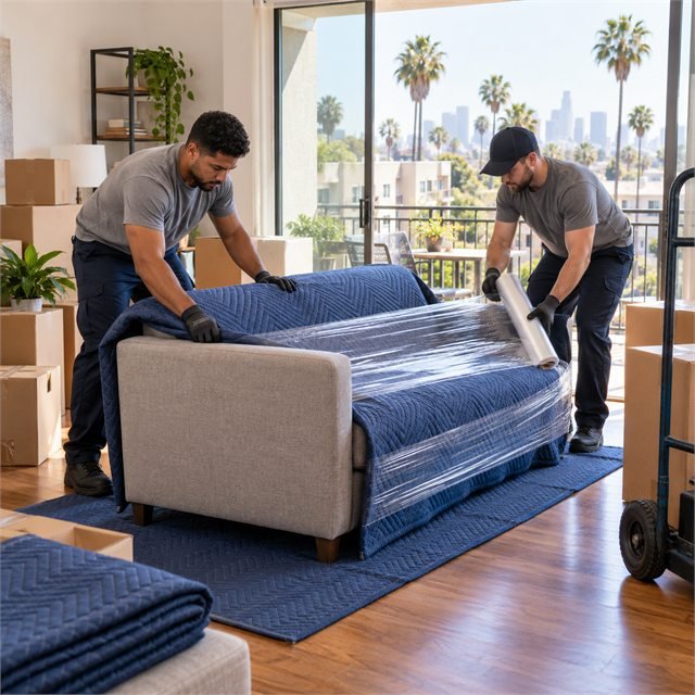 Two professional movers wrapping a sofa with protective blankets and stretch film during apartment moving services in La Jolla, CA