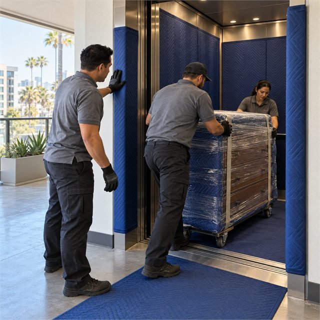 Three professional movers guiding a protective-wrapped wooden dresser on a furniture dolly into a padded elevator during apartment moving services near me