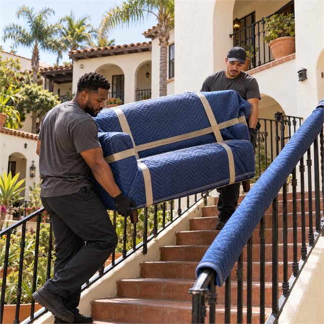 Two professional movers carefully carrying a sofa wrapped in protective moving blankets down an outdoor staircase during apartment moving services near me