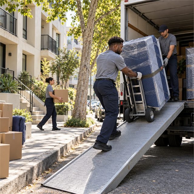 Two professional movers loading a protective-wrapped mattress into a moving truck using a dolly and loading ramp during apartment moving services in Carlsbad, CA