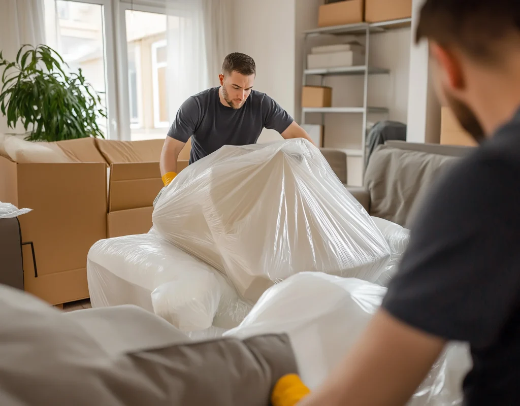 Packing Bees Movers team carefully wrapping furniture before transport